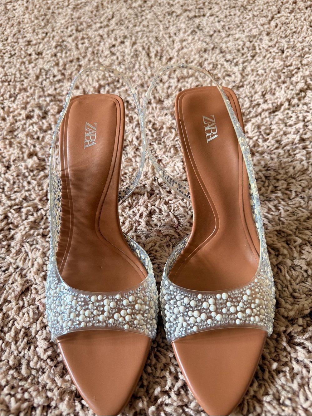 Zara Pearl-Embellished Tan Slingback Heels